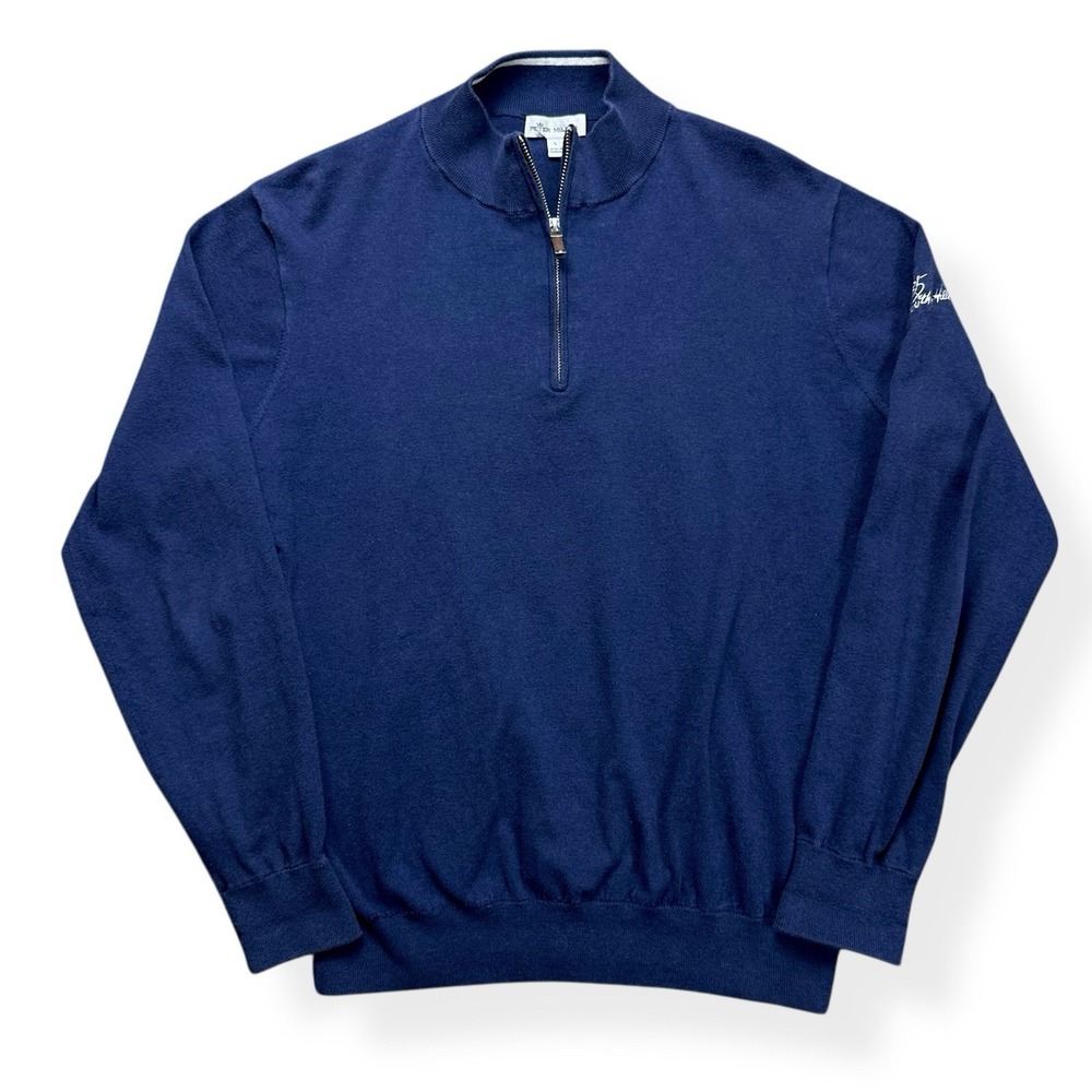 Peter Millar Crown Cotton Silk 1/4 Zip Pullover Sweater Golf Blue Men's Large